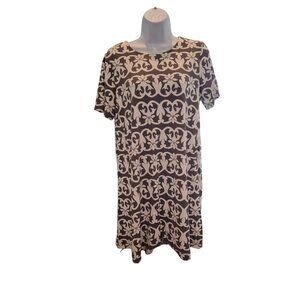 LOFT Women Shift Mini Dress M Gray White  Paisley Floral  Short Sleeve Lagenlook